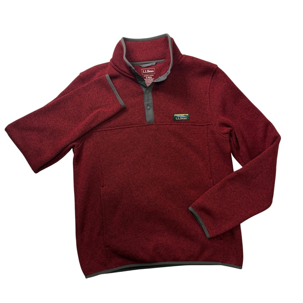 LL Bean Sweater Fleece Pullover Mens Small Maroon Snap Neck Mock Neck 298050